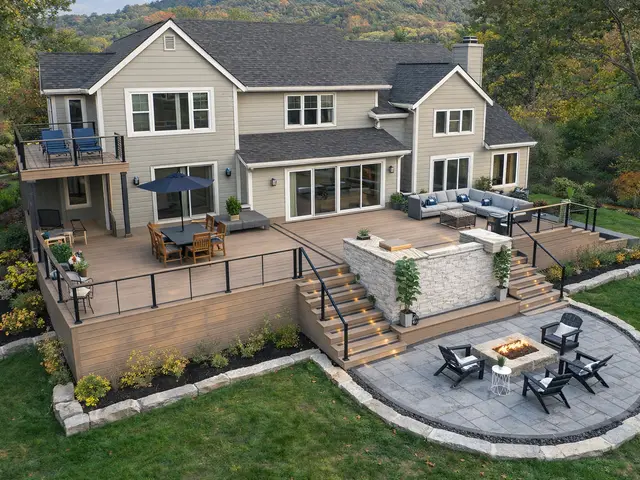 Luxury multi-level deck with fire pit and outdoor living near Eagle Point OR – RP Construction Management