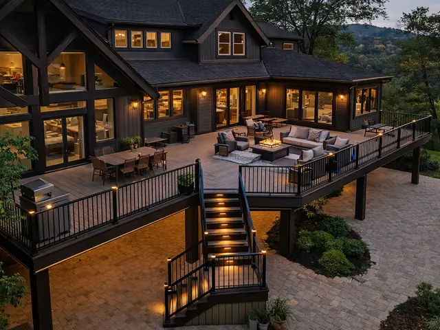 Premium dark-stained deck with fire pit and ambient lighting in Medford OR – RP Construction Management