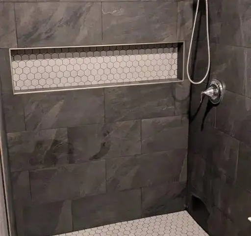 Custom tile shower with hexagon mosaic niche in Medford OR – RP Construction Management