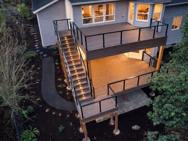 Multi-level elevated composite deck with LED stair lighting in Medford OR – RP Construction Management